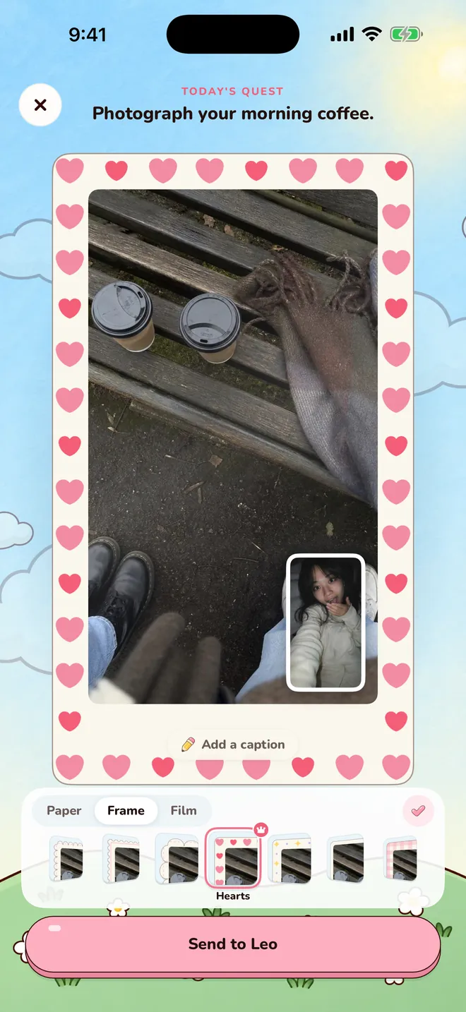 Styling a print before sending it: a dial of frames under the photo, with the selfie tucked in the corner.