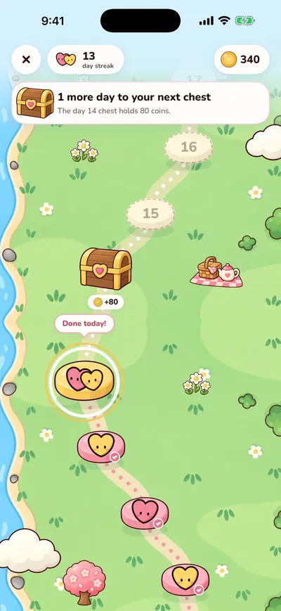 The streak map: a painted meadow path of day stones with a treasure chest ahead, and the count of days you have both answered.