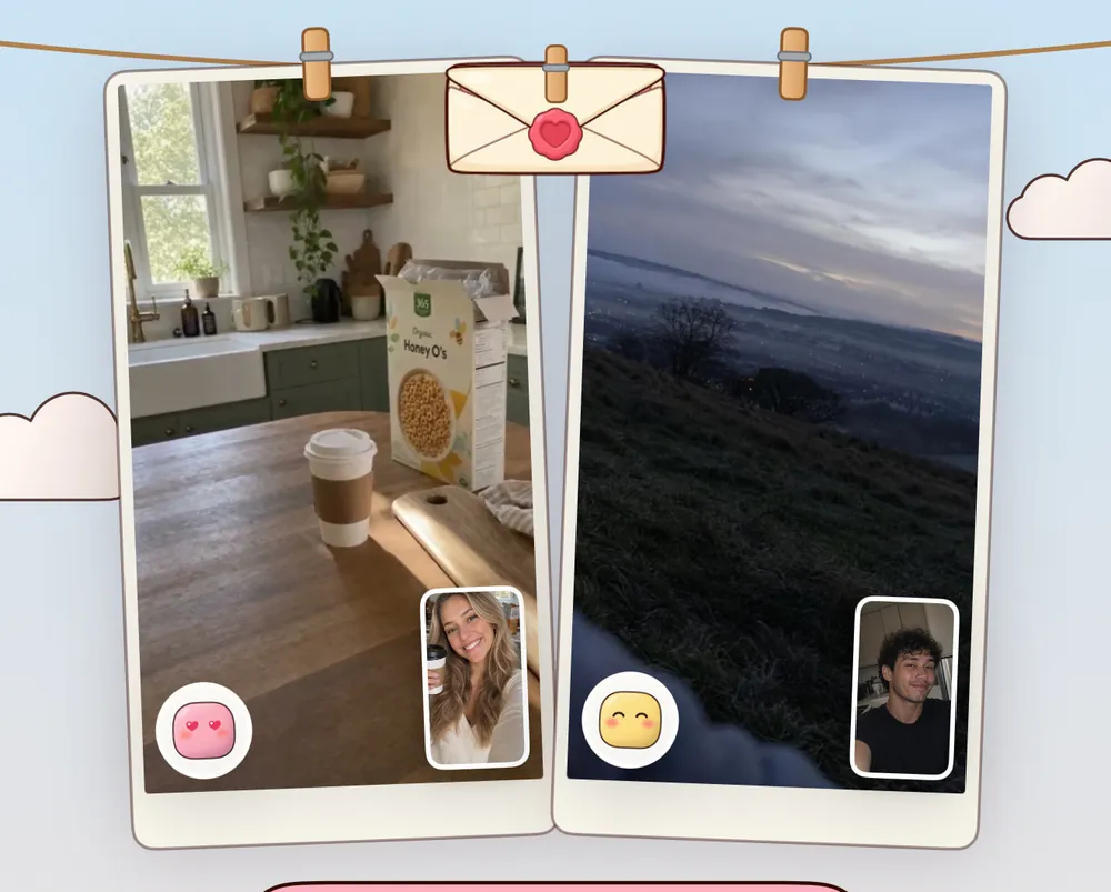 Two prints pegged to a twine in the app: one partner's morning coffee on a kitchen table with her selfie, the other's misty hillside at dawn with his selfie, and a sealed envelope pegged between them.