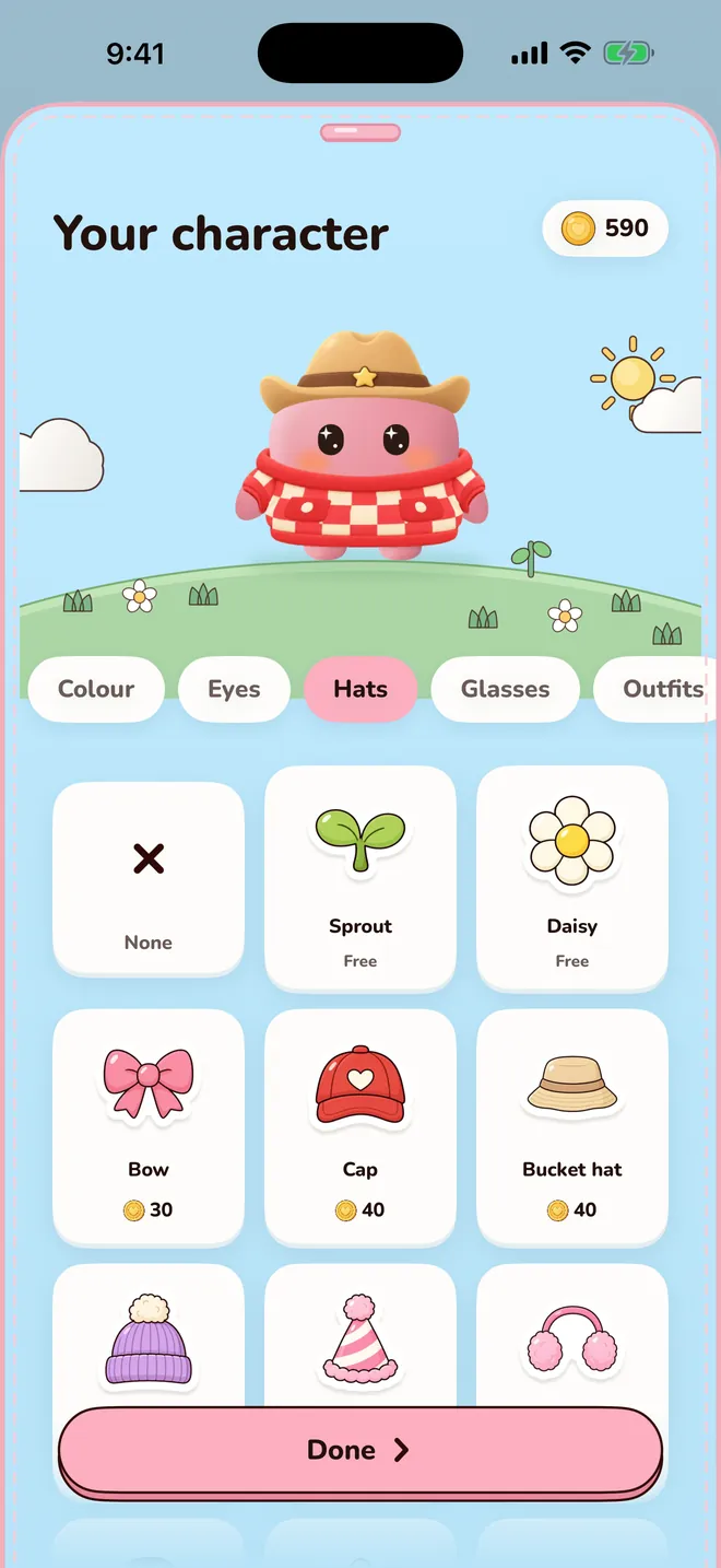 The wardrobe on the Hats tab: your character on the hill in a cowboy hat and a red checked sweater, with a grid of hats to try on and their coin prices.